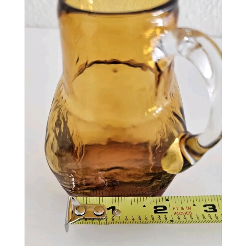 Vintage Hand-Blown Textured Small Amber Glass Pitcher Cute Adorable Decor